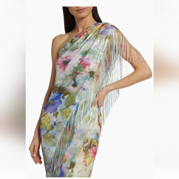 BADGLEY MISCHKA Green Multi Fringe Sequin Floral One Shoulder Dress - Picture 9 of 17